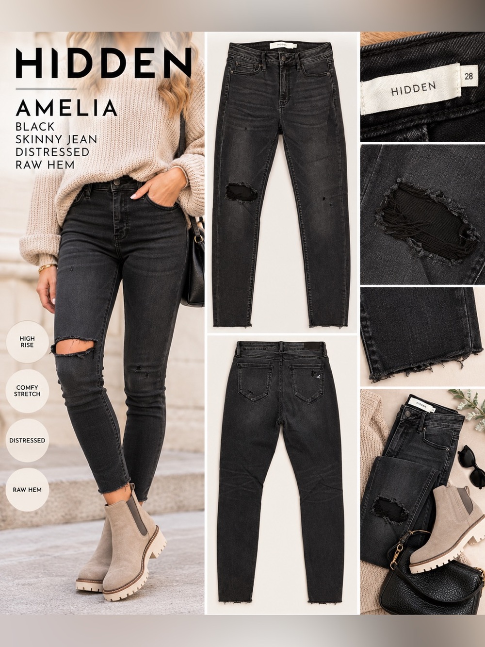 Hidden Amelia Black Distressed Skinny Jeans Raw Hem Size 28